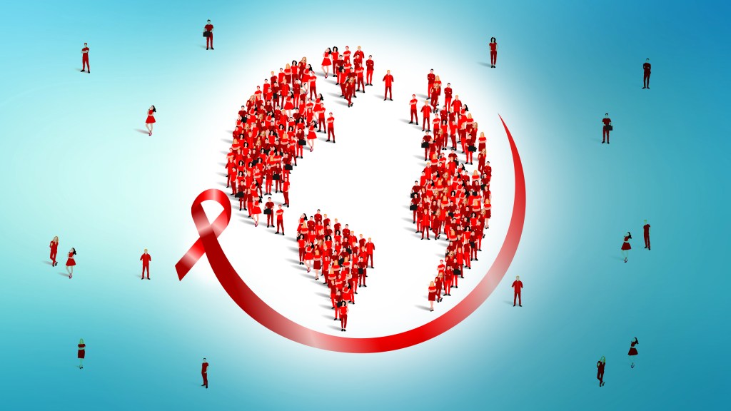 A graphic representation of a globe formed by groups of people in red, surrounded by smaller figures, with a red ribbon symbolizing awareness for HIV/AIDS.