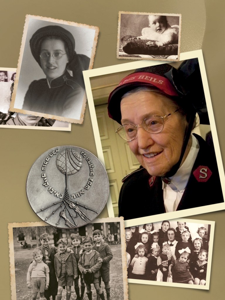 Collage of historical photographs featuring a woman in a Salvation Army uniform, an elderly woman smiling, and various vintage family images including children and a medal.