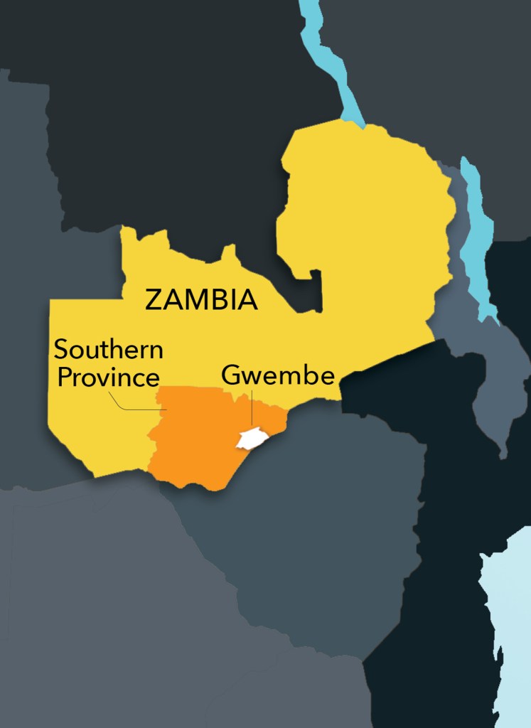Map of Zambia highlighting the Southern Province and Gwembe in orange, with surrounding regions shown in dark grey.