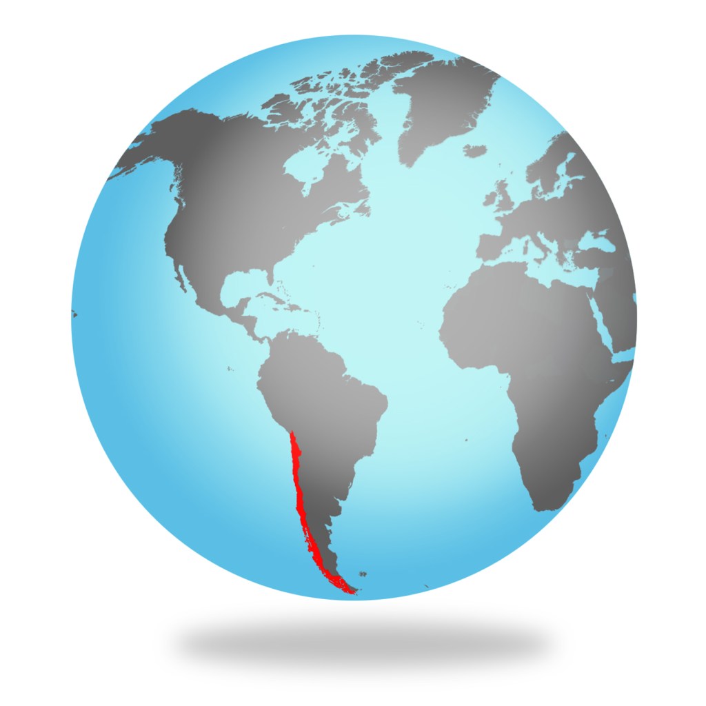 A globe highlighting the country of Chile in red, located on the western edge of South America.