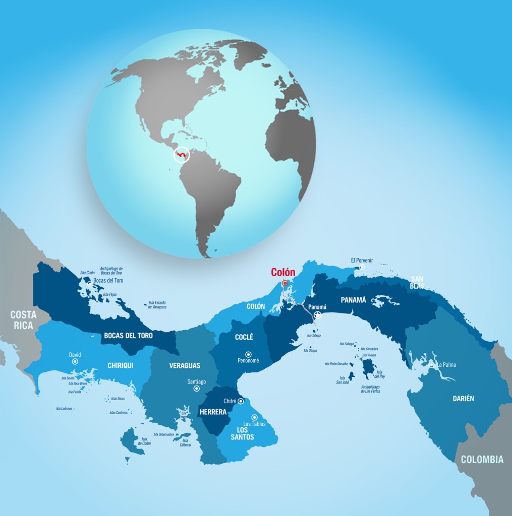 Map of Panama highlighting the province of Colón, with a globe showing its location in Central America.