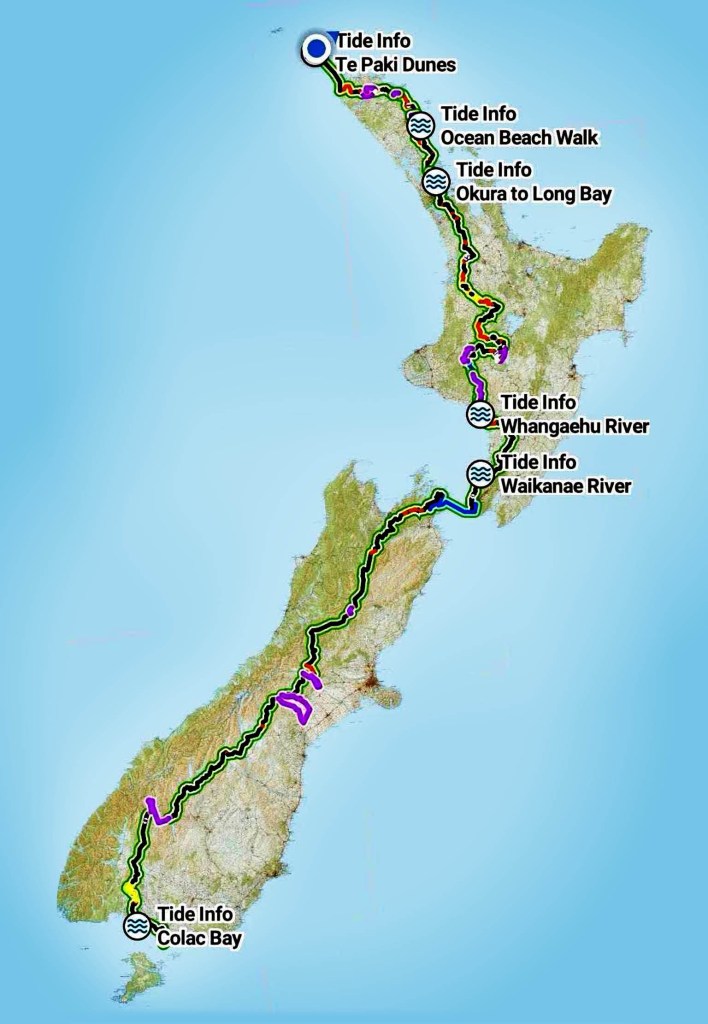 Map showing tidal information and walking routes along the coast of New Zealand, with markers for locations such as Te Paki Dunes, Ocean Beach Walk, and Colac Bay.