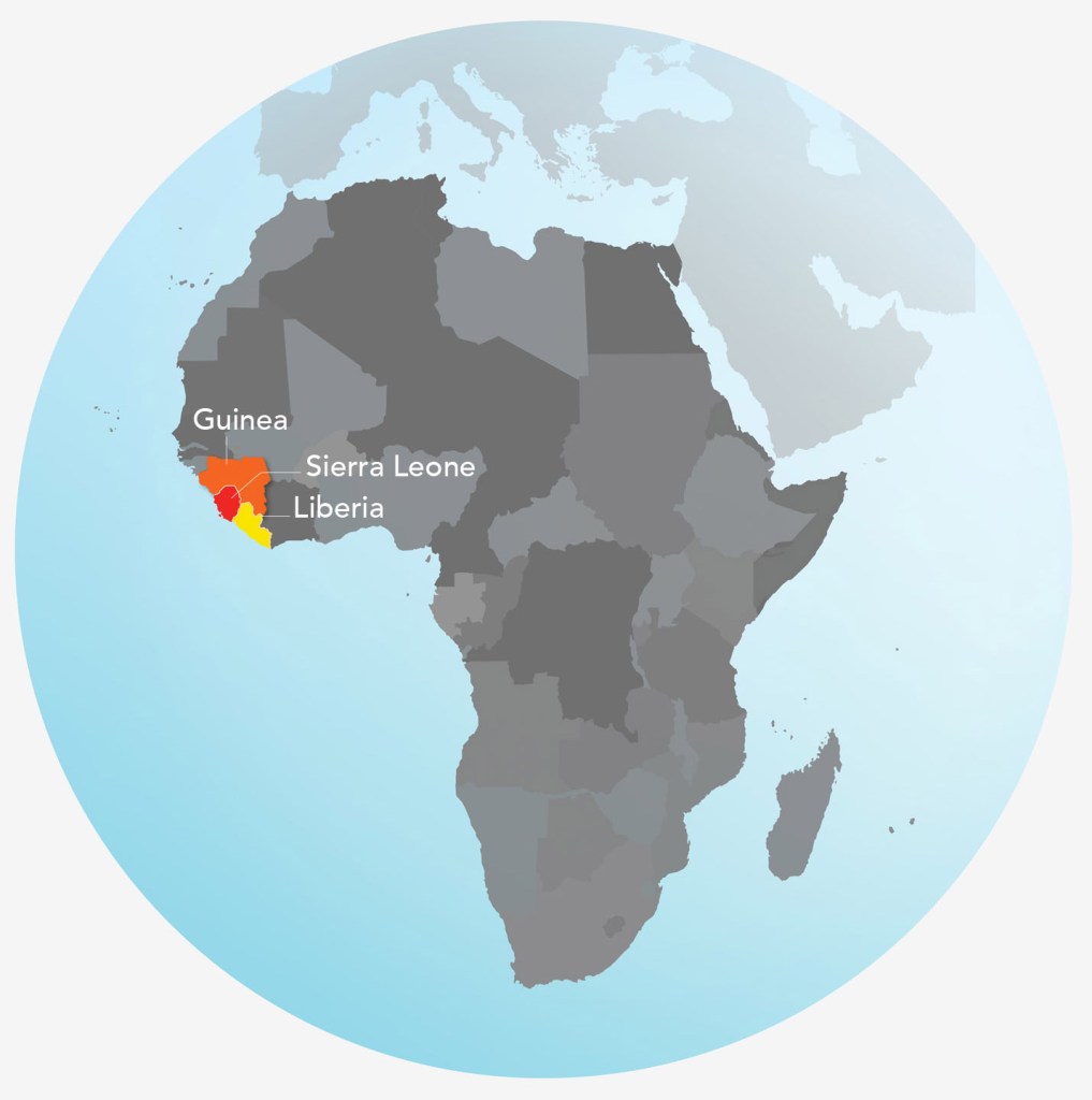 Map of Africa highlighting Guinea, Sierra Leone, and Liberia in different colours.